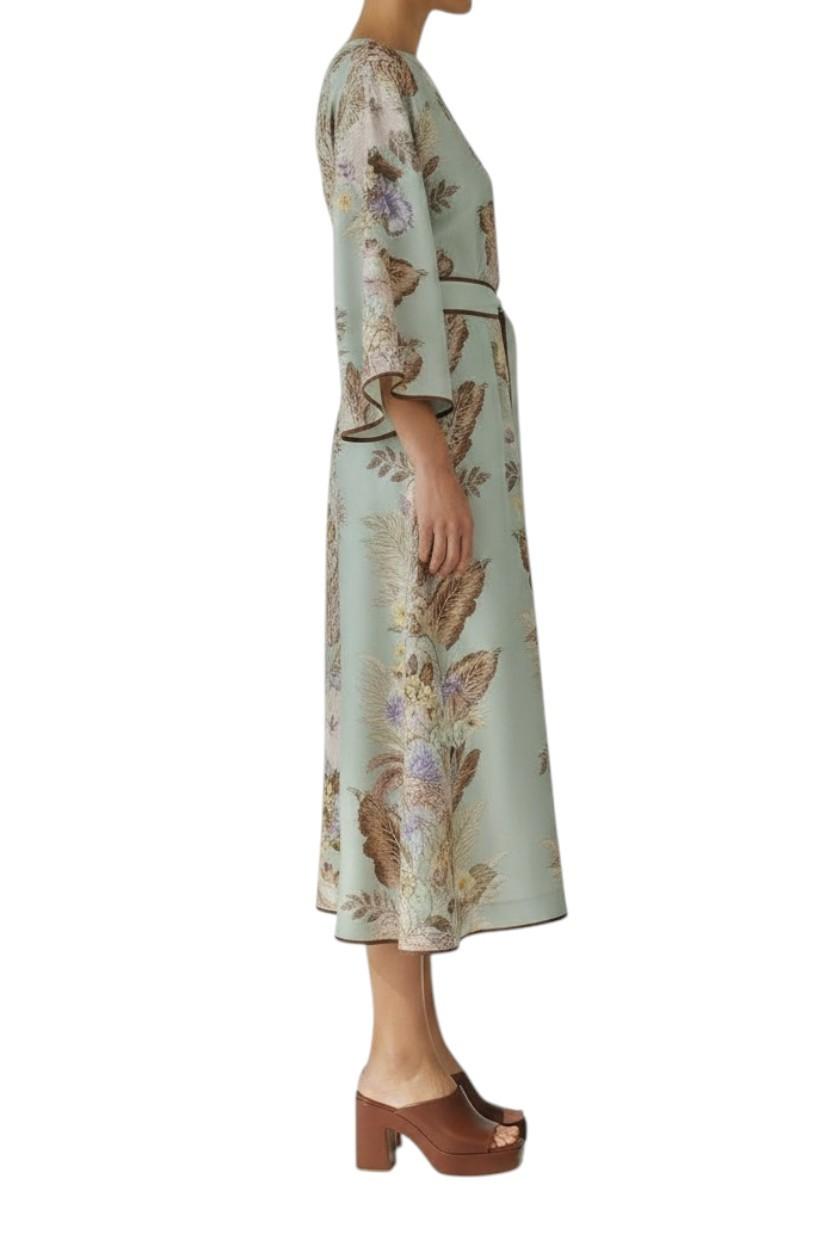 Zimmermann Coco Tunic Midi Dress | Sage Floral, Mint Green, Silk, Belt, Kimono