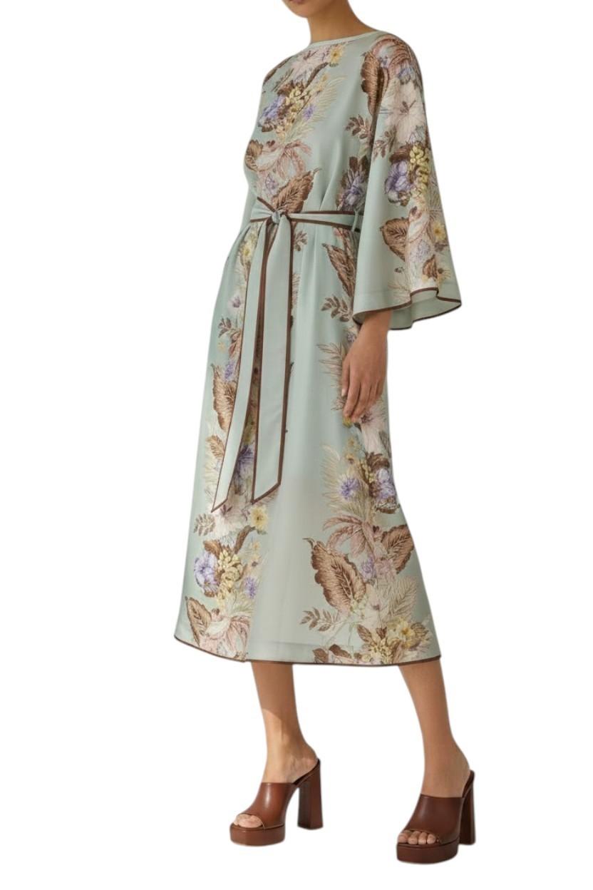 Zimmermann Coco Tunic Midi Dress | Sage Floral, Mint Green, Silk, Belt, Kimono