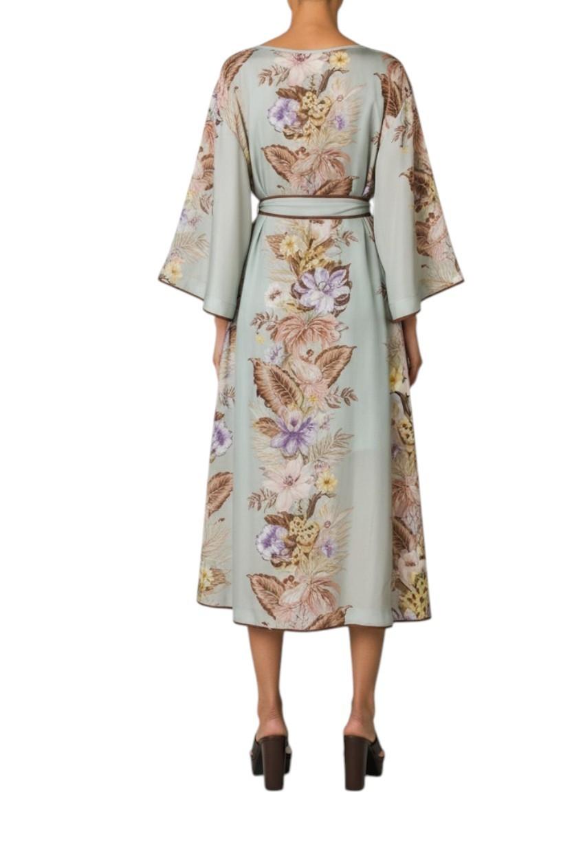 Zimmermann Coco Tunic Midi Dress | Sage Floral, Mint Green, Silk, Belt, Kimono