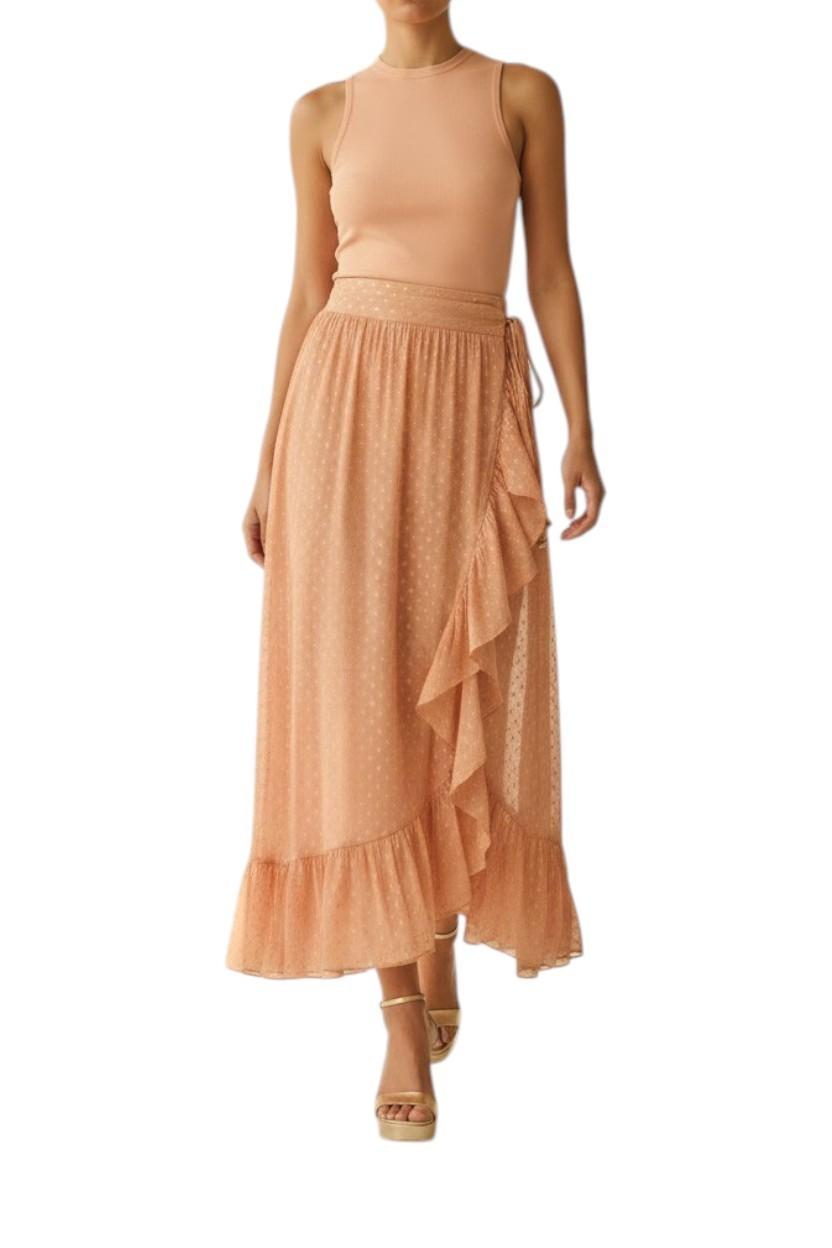 Zimmermann Rhiannon Metallic Frill Skirt |Peach/Gold, Lurex, Midi, Elastic Waist