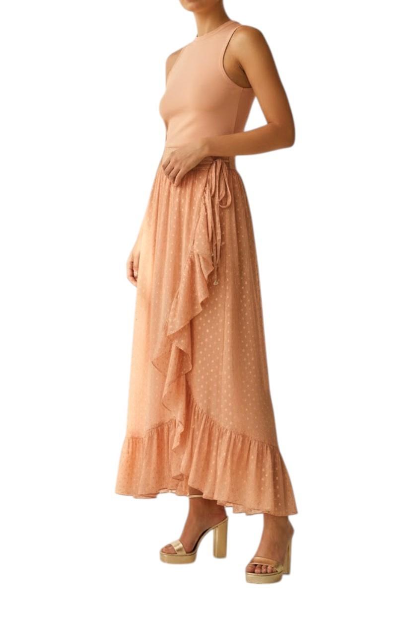 Zimmermann Rhiannon Metallic Frill Skirt |Peach/Gold, Lurex, Midi, Elastic Waist