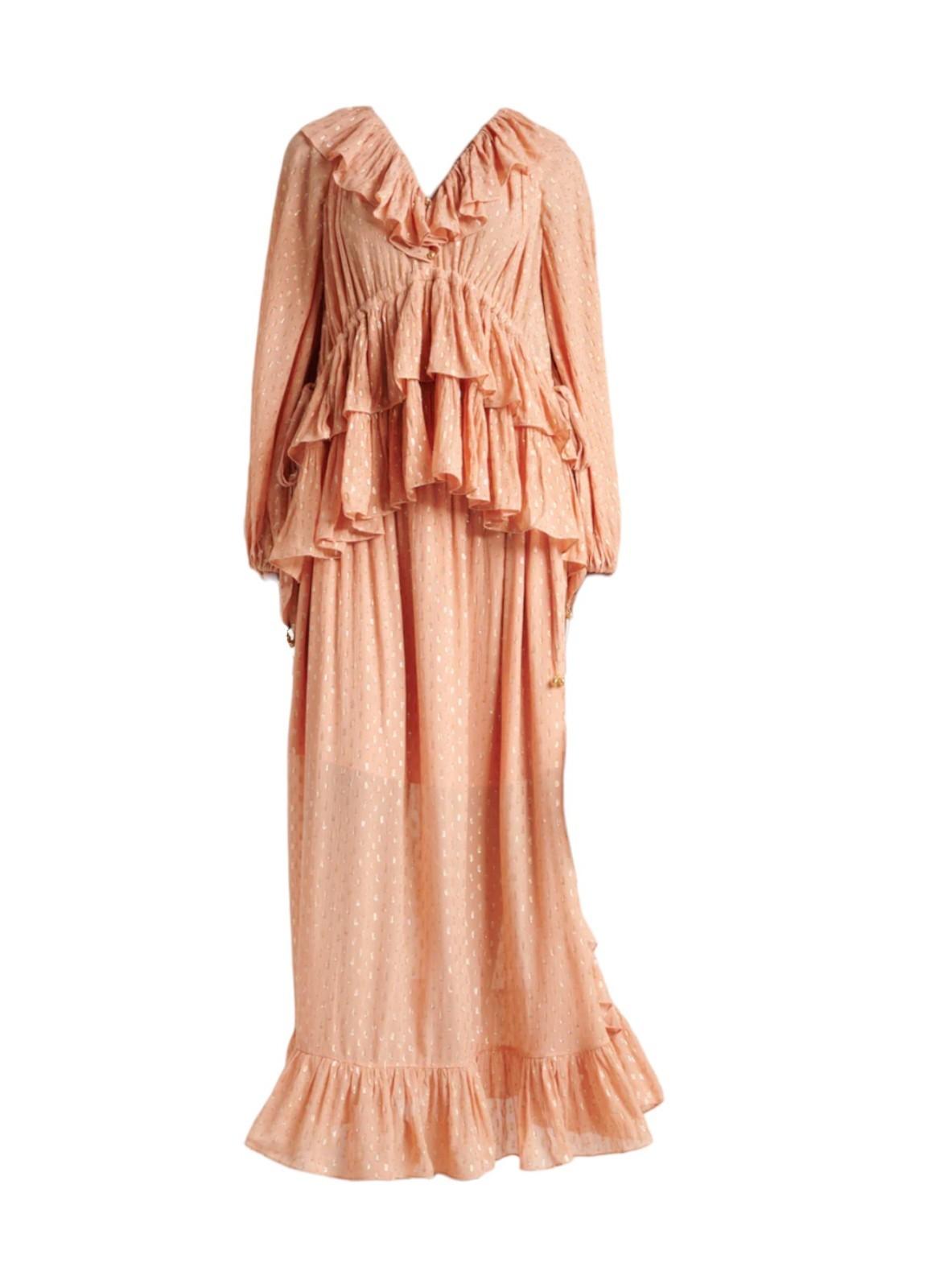 Zimmermann Rhiannon Metallic Frill Skirt |Peach/Gold, Lurex, Midi, Elastic Waist