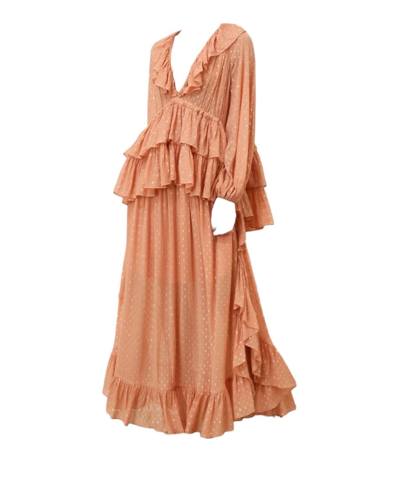 Zimmermann Rhiannon Metallic Frill Skirt |Peach/Gold, Lurex, Midi, Elastic Waist