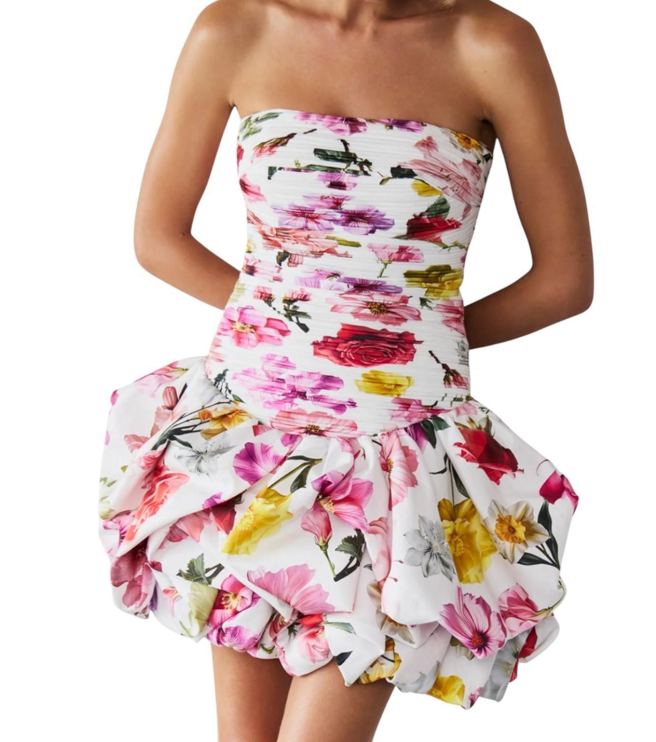 Aje Violette Bubble Hem Mini Dress | Collage Floral, Ruched, Strapless, Cotton