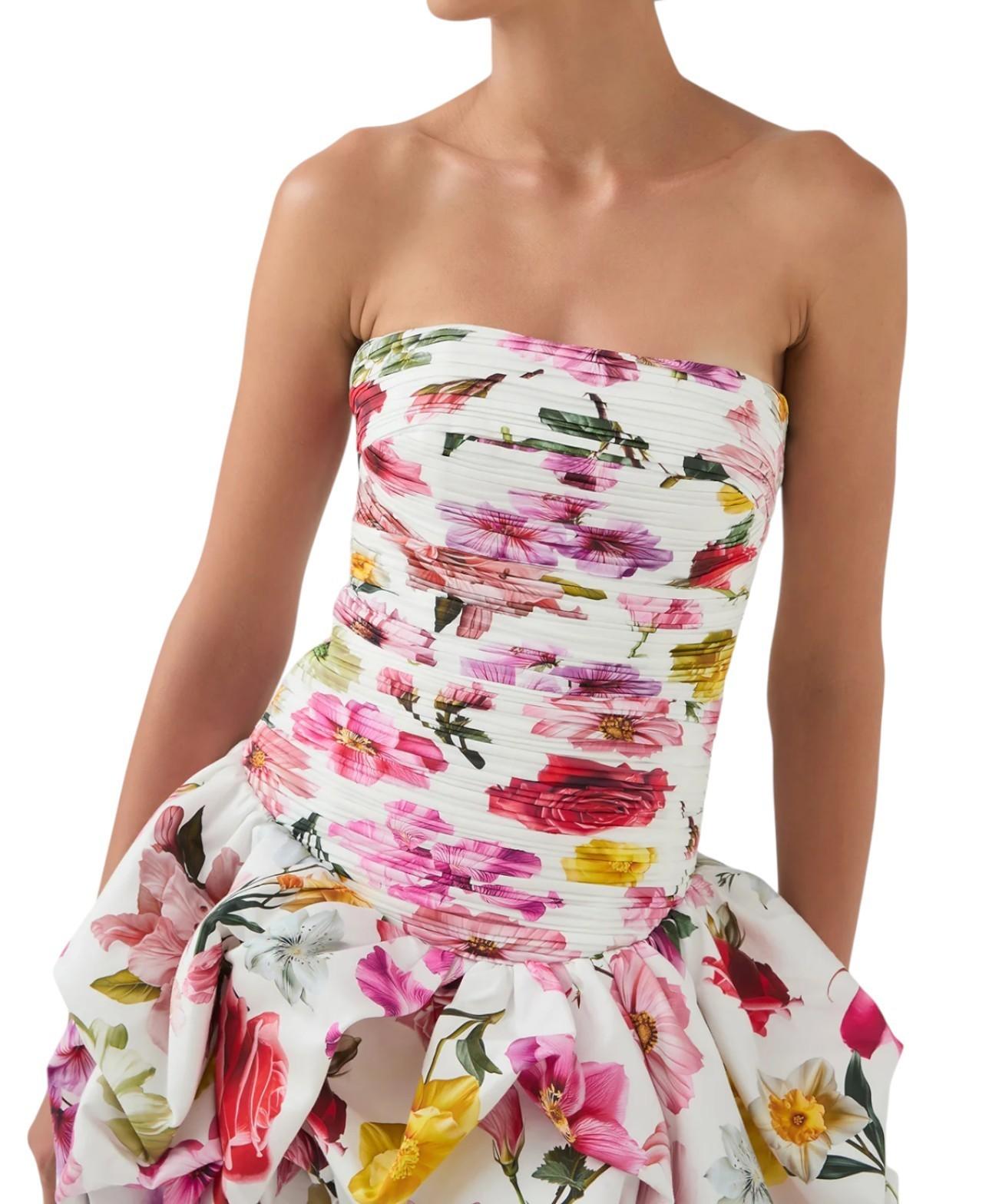 Aje Violette Bubble Hem Mini Dress | Collage Floral, Ruched, Strapless, Cotton
