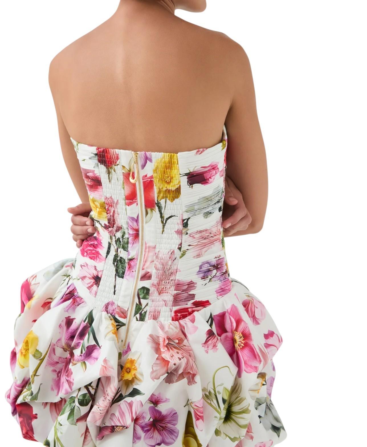Aje Violette Bubble Hem Mini Dress | Collage Floral, Ruched, Strapless, Cotton