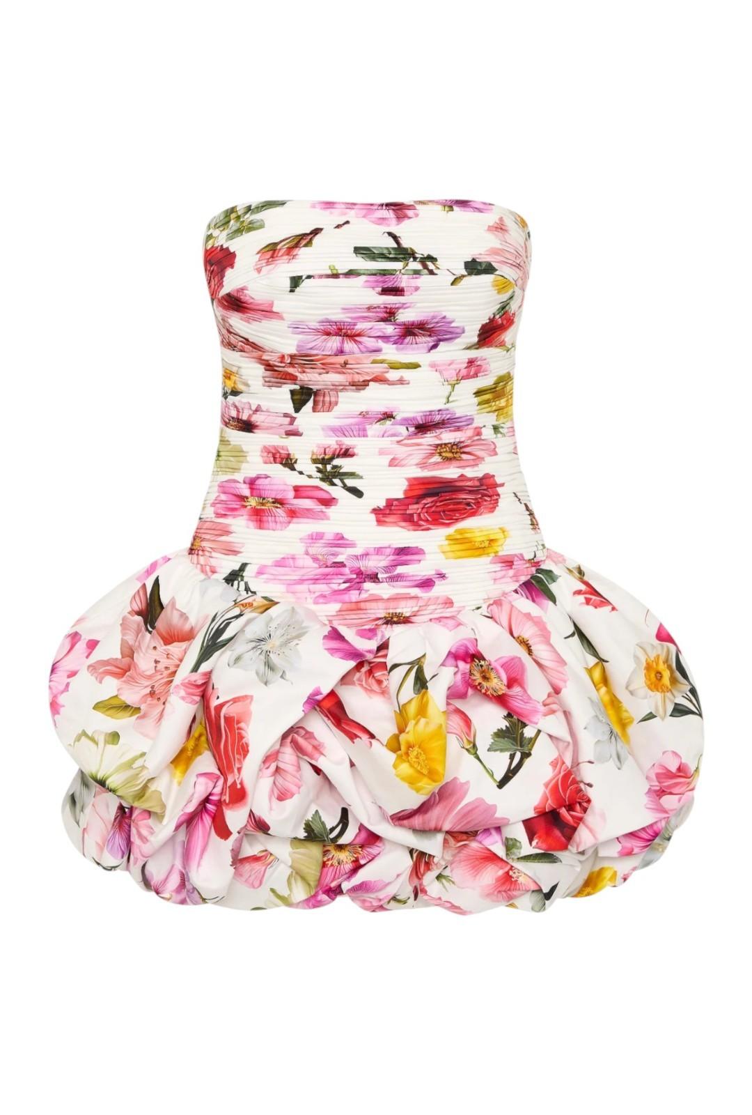 Aje Violette Bubble Hem Mini Dress | Collage Floral, Ruched, Strapless, Cotton
