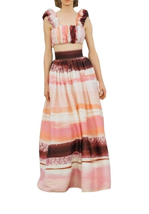 Naked Pear AJE Kasbah cotton crop top with pink, burgundy, and white stripes, featuring ruching and wide straps.