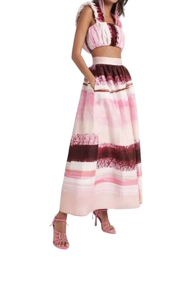 Naked Pear AJE Kasbah cotton crop top in pink and burgundy sunset stripe with ruched wide straps and back zip