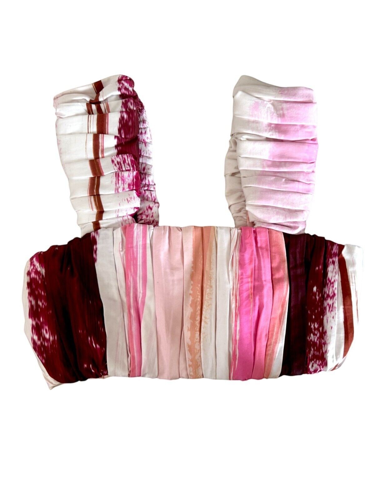 Naked Pear AJE Kasbah cotton crop top in sunset stripe pink, burgundy, and white with wide ruched straps.