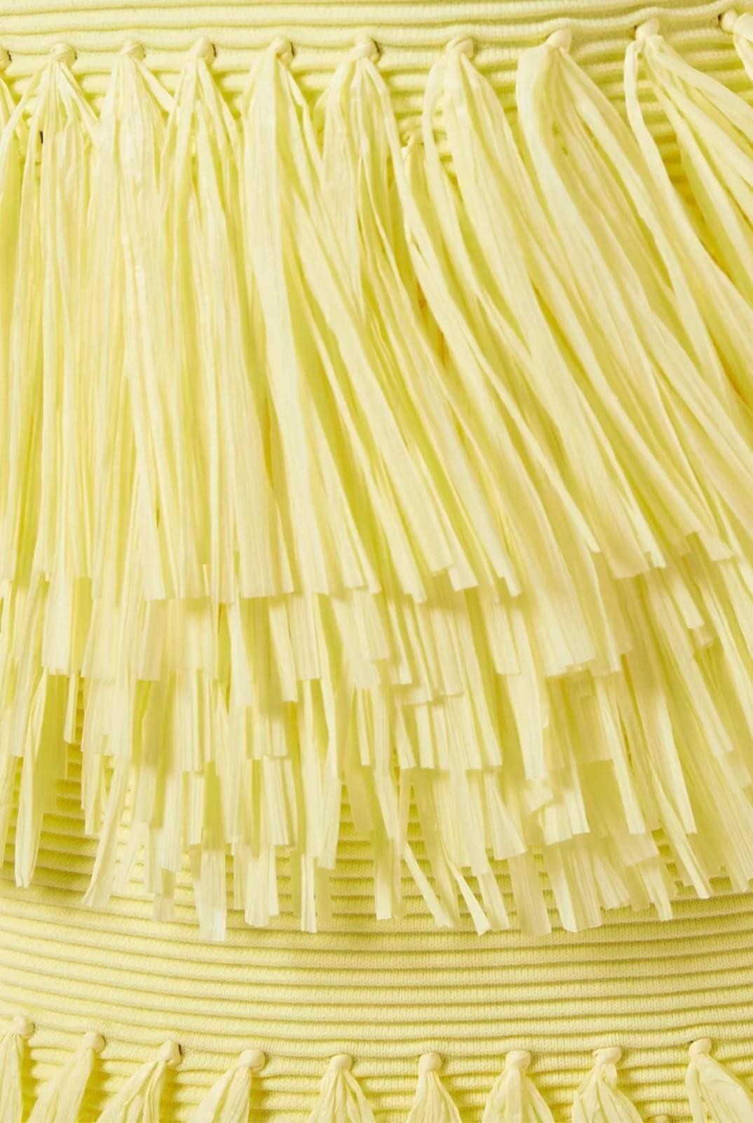 Naked Pear Aje Agave lemon yellow ribbed knit midi skirt with layered raffia fringe trim detail