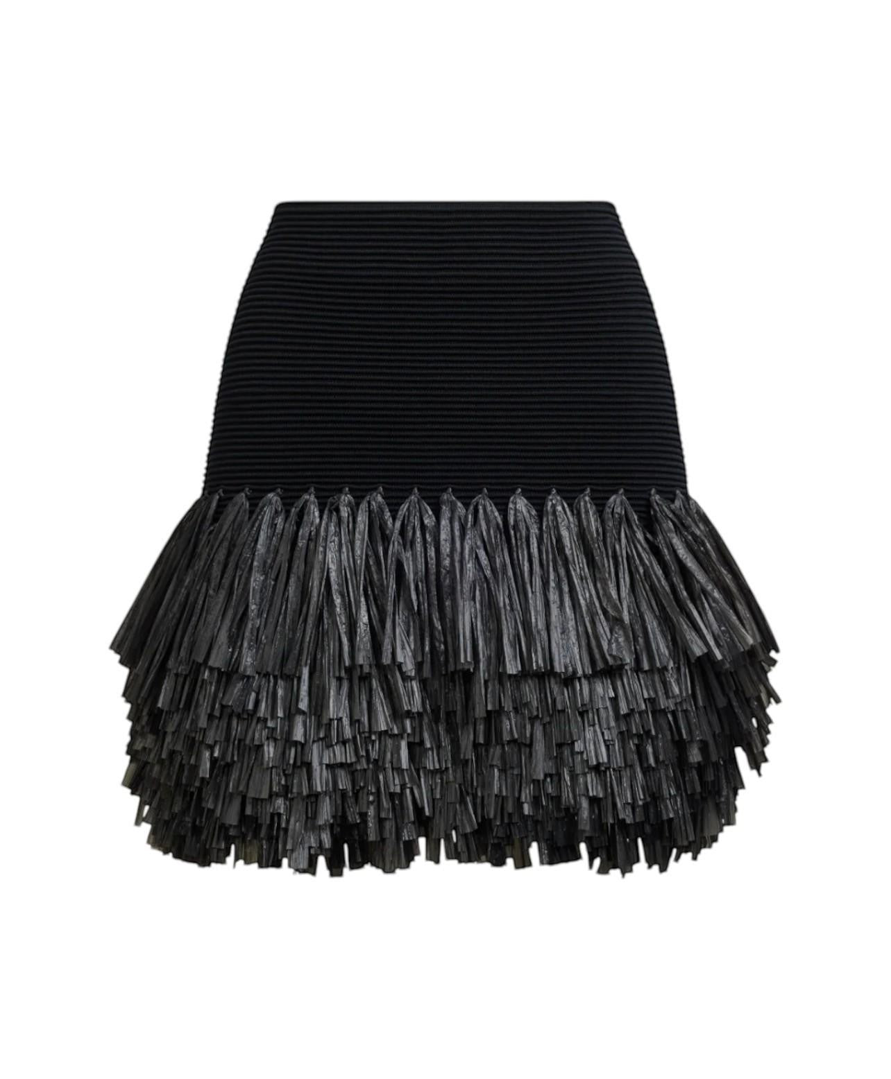 Naked Pear Aje Agave black ribbed knit mini skirt with layered raffia fringe hem and high waist fit