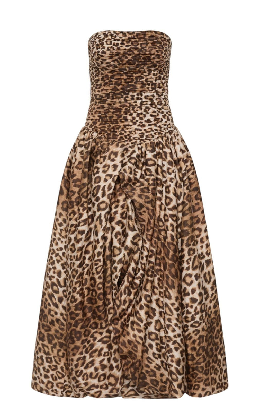 Naked Pear Aje Behold strapless maxi dress in leopard print with a ruched bodice and voluminous bubble hemline.