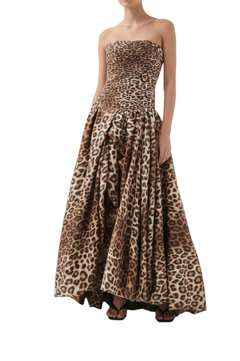 Naked Pear Aje Behold strapless maxi gown in leopard print with a ruched bodice and voluminous high-low bubble hem.