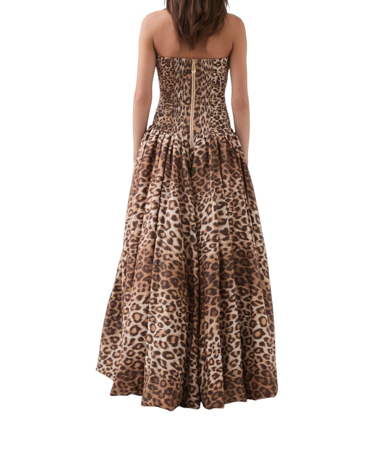Naked Pear Aje Behold strapless maxi dress in leopard print with a ruched bodice and exposed back zipper, back view.