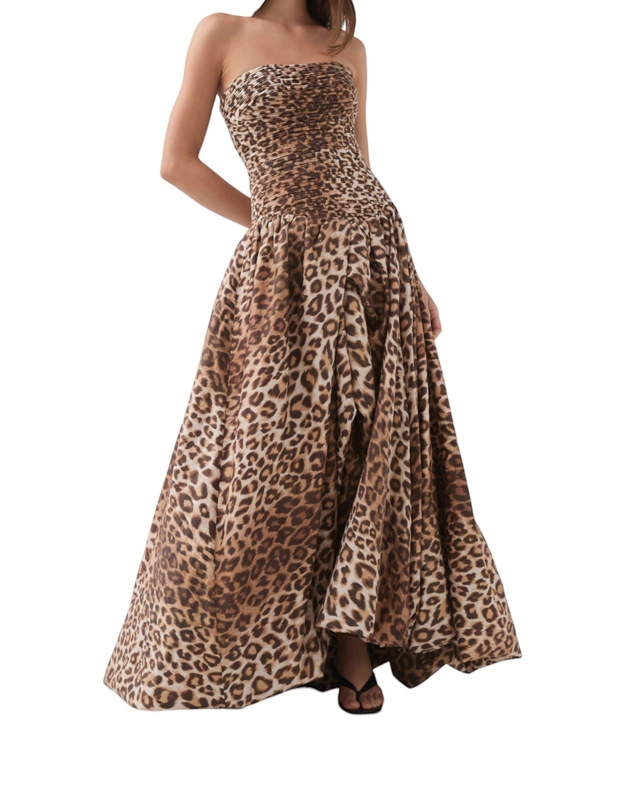 Naked Pear Aje Behold strapless maxi gown in leopard print with a ruched bodice and asymmetrical bubble hemline.