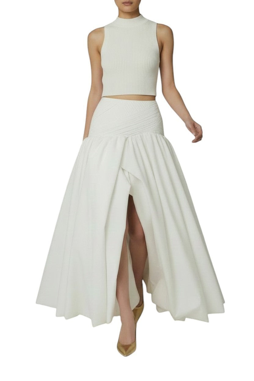 AI generated image of Naked Pear Aje Constellation ivory cotton midi skirt with ruched waist, asymmetric drape, and bubble hem