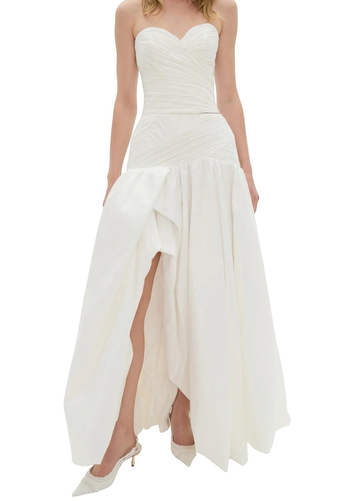 Naked Pear ivory midi skirt with ruched waist, asymmetric draped bubble hem, and front slit in 100% cotton