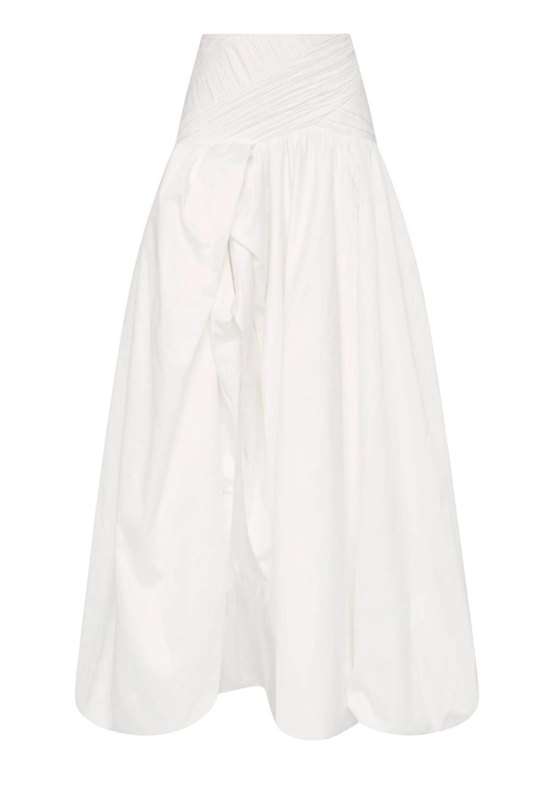 Naked Pear Aje Constellation ivory cotton midi skirt with a ruched waistband, asymmetric draping, and a bubble hem.