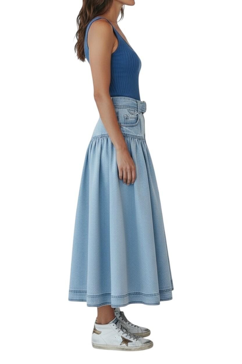 AI generated image of Model wearing Naked Pear Aje Elena light blue denim midi skirt with high waist, belted detail, and flared silhouette.