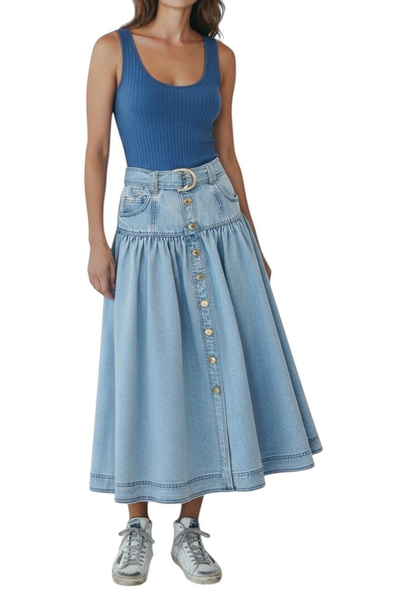AI generated image of Naked Pear Aje Elena light blue denim midi skirt with high waist, D-ring belt, and gold button placket detail.