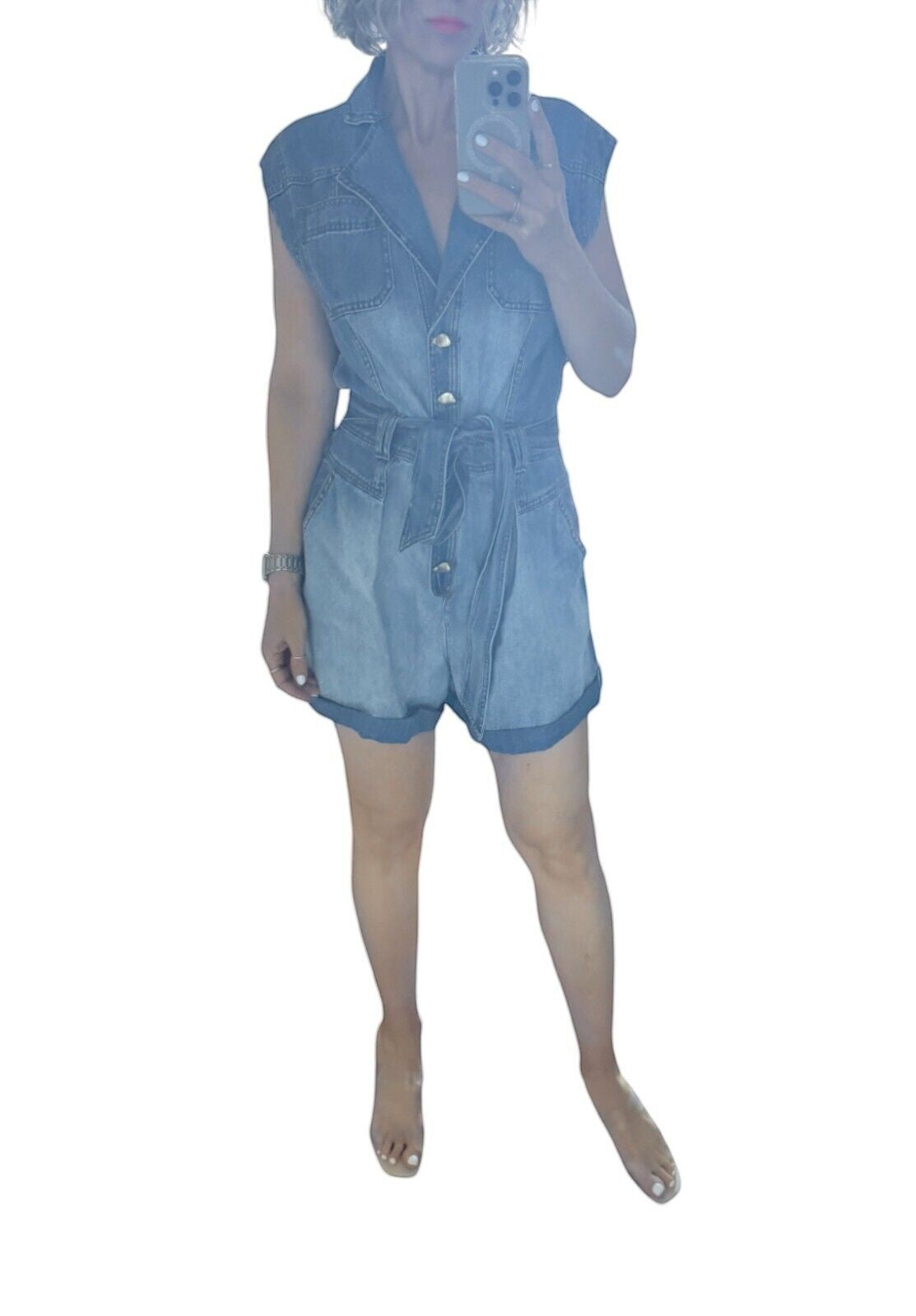 Naked Pear Aje Ines two-toned denim playsuit with gold buttons, collar, and matching tie belt on a model.
