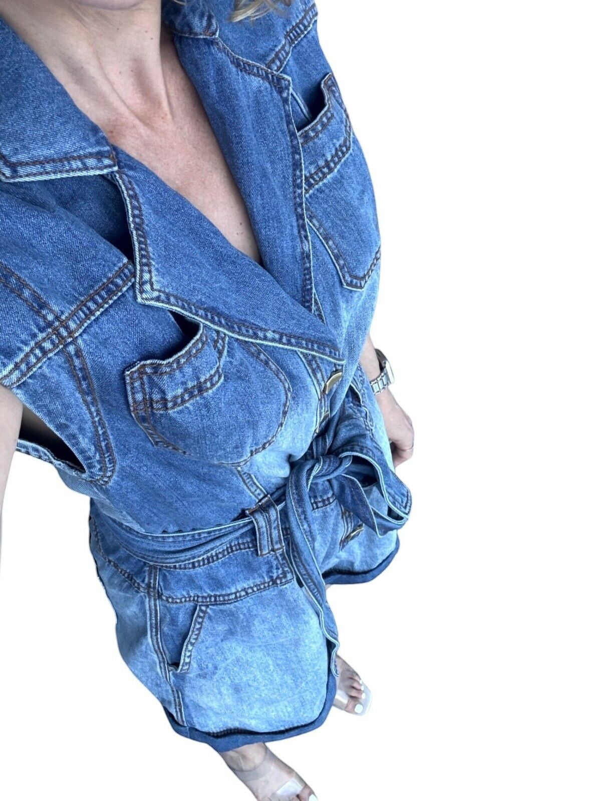 Naked Pear Aje Ines two-toned denim playsuit with collar, gold buttons, and matching tie belt.