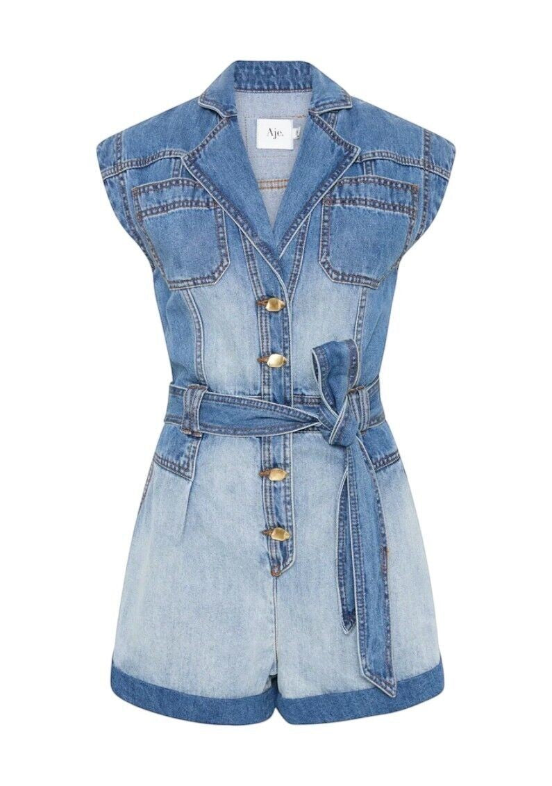 Naked Pear Aje Ines two-toned denim playsuit with gold buttons, collar, and matching tie belt.