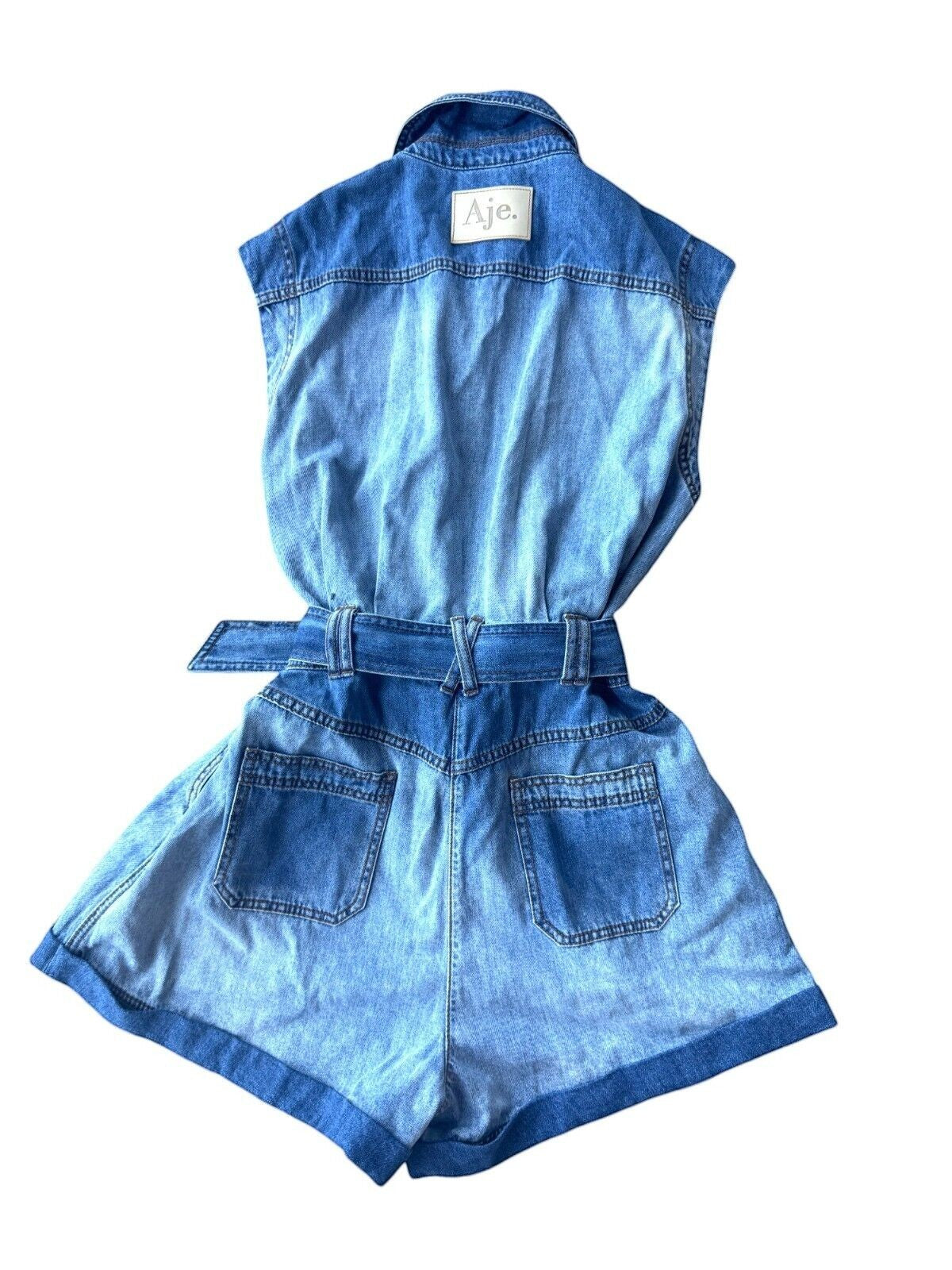 Naked Pear Aje Ines two-toned panelled denim playsuit with a matching tie belt and back pockets