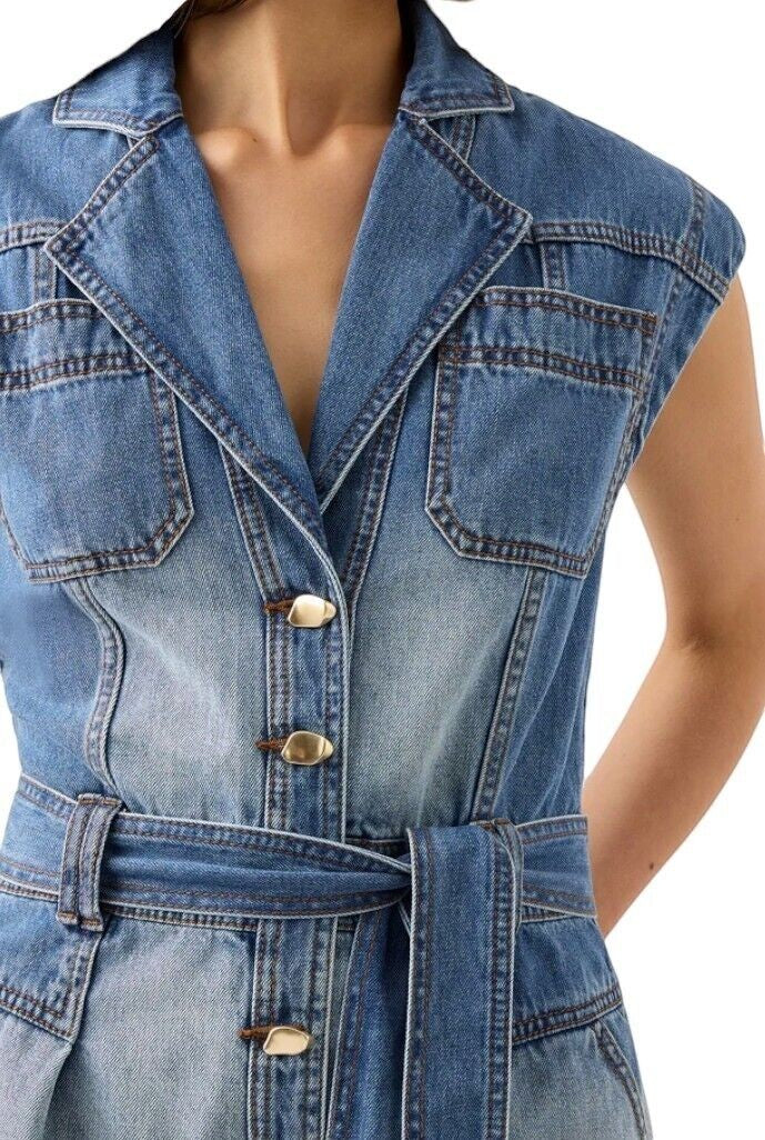 Naked Pear Aje Ines two-toned panelled denim playsuit with a collar, gold buttons, and a matching tie belt.