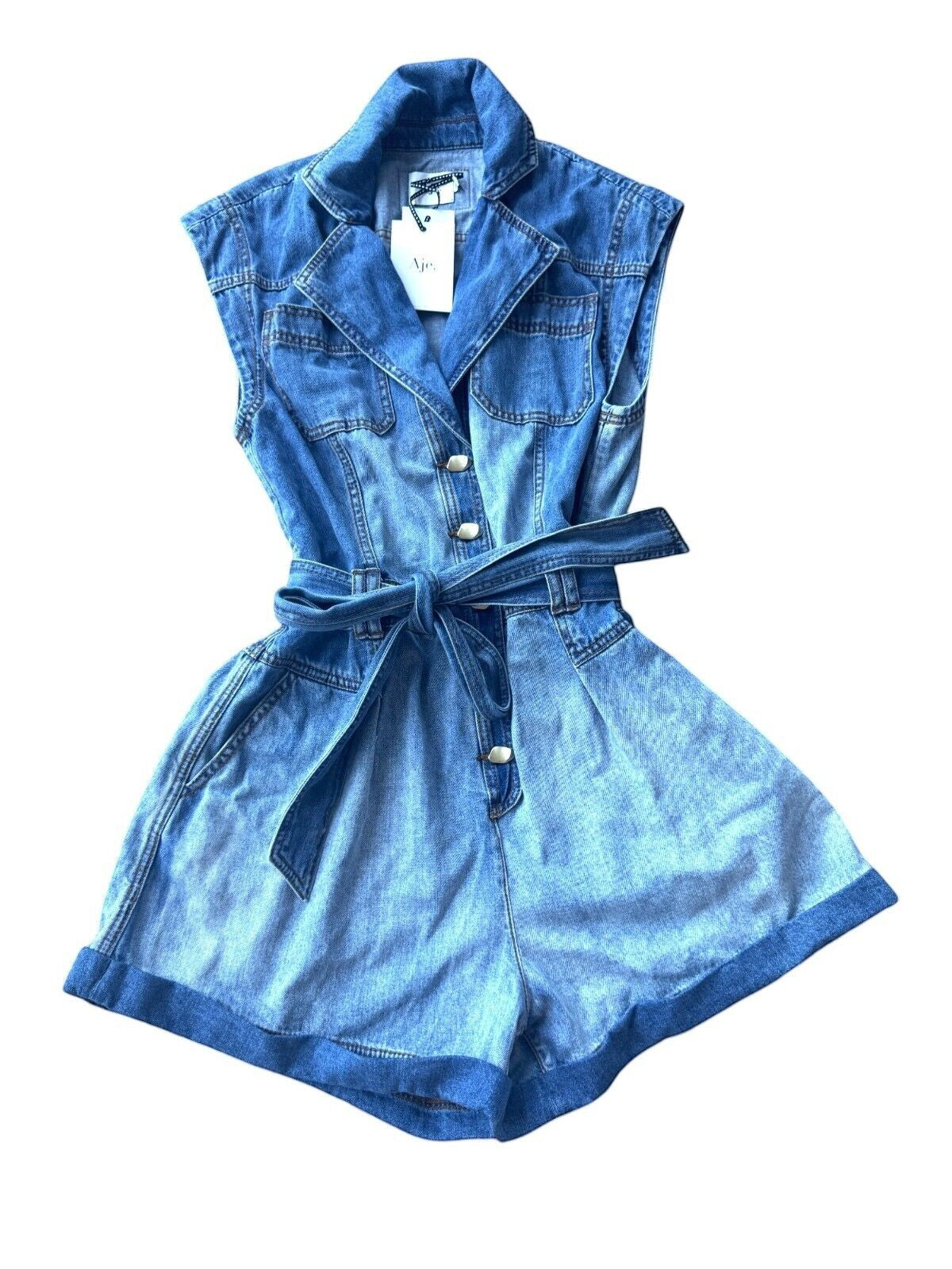 Naked Pear Aje Ines two-toned denim playsuit with gold buttons, collar, and matching tie belt.