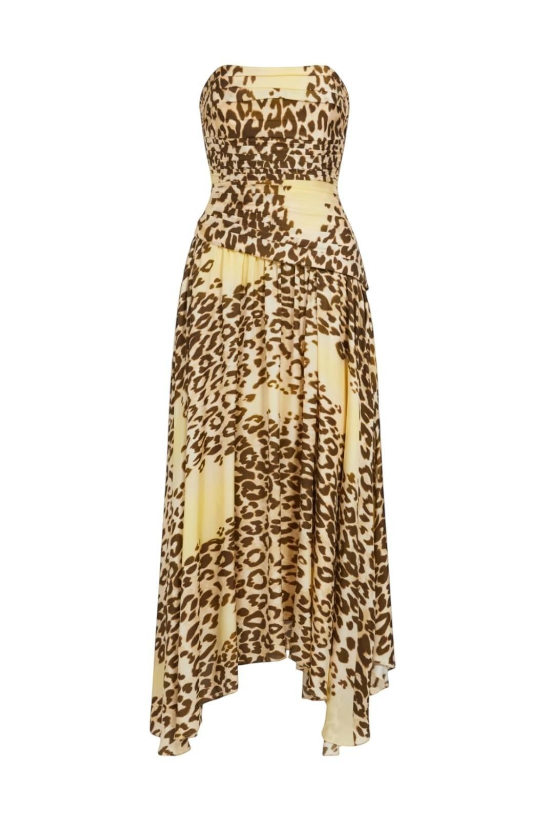 Naked Pear Aje Lani strapless midi dress in yellow and brown leopard print silk blend with ruched bodice