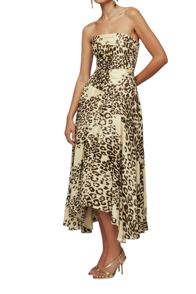 AI generated image of Naked Pear Aje Lani strapless midi dress in creatura leopard print silk blend with ruched bodice and bubble hem