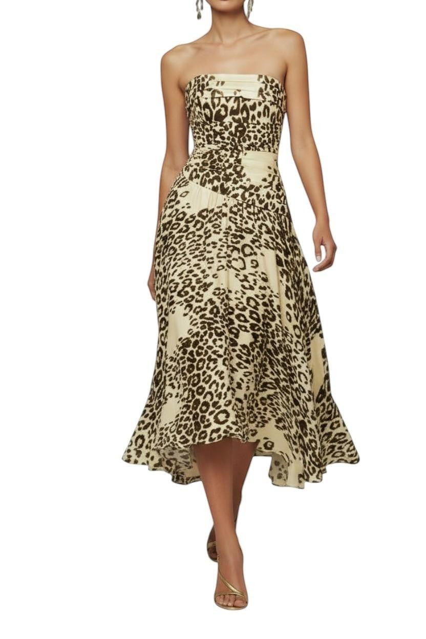 AI generated image of  Naked Pear Aje Lani midi dress in Creatura leopard print with a strapless ruched bodice and asymmetric bubble hem.