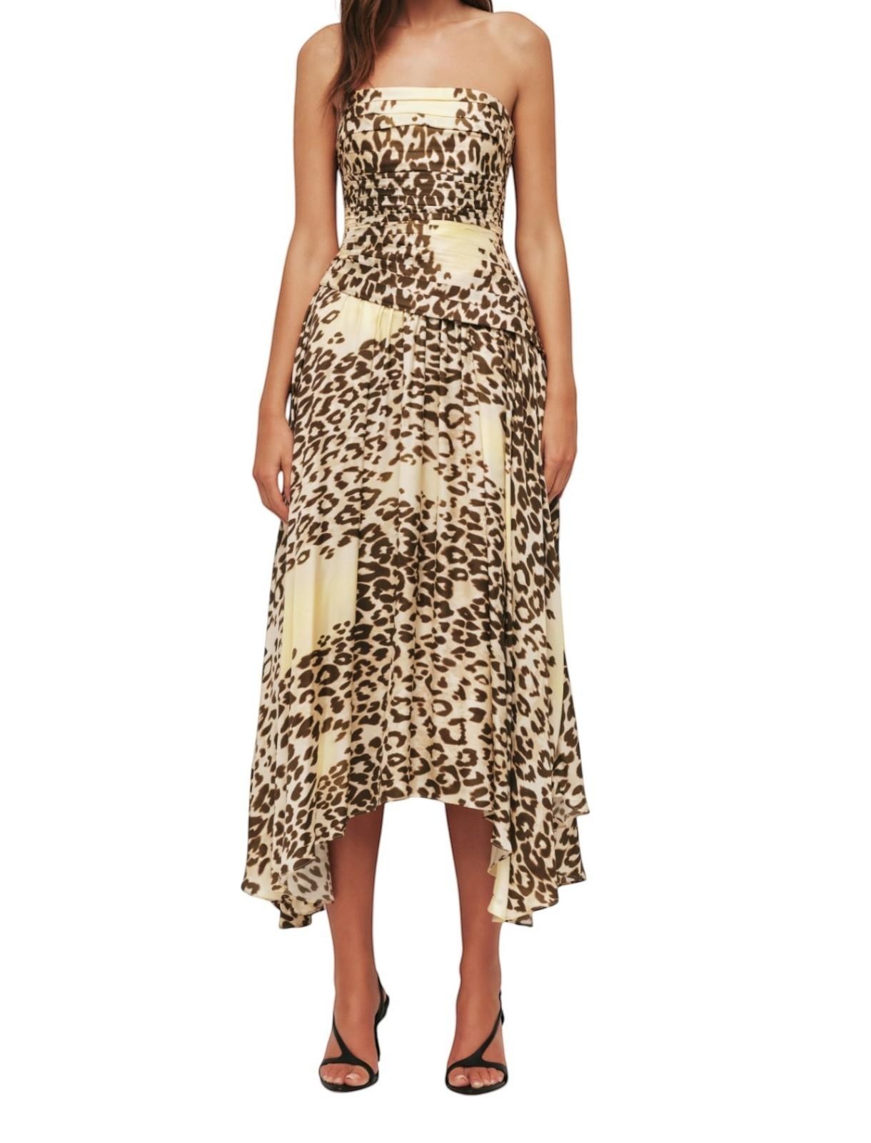 Naked Pear Aje Lani midi dress in leopard print silk blend with a strapless ruched bodice and asymmetric hem