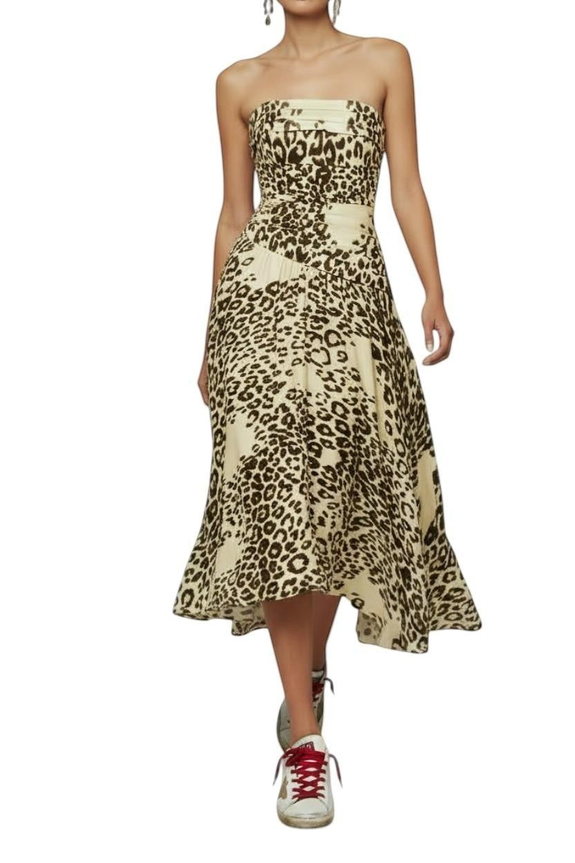 AI generated image of  Naked Pear Aje Lani strapless midi dress in creatura leopard print with a ruched bodice and asymmetric hem