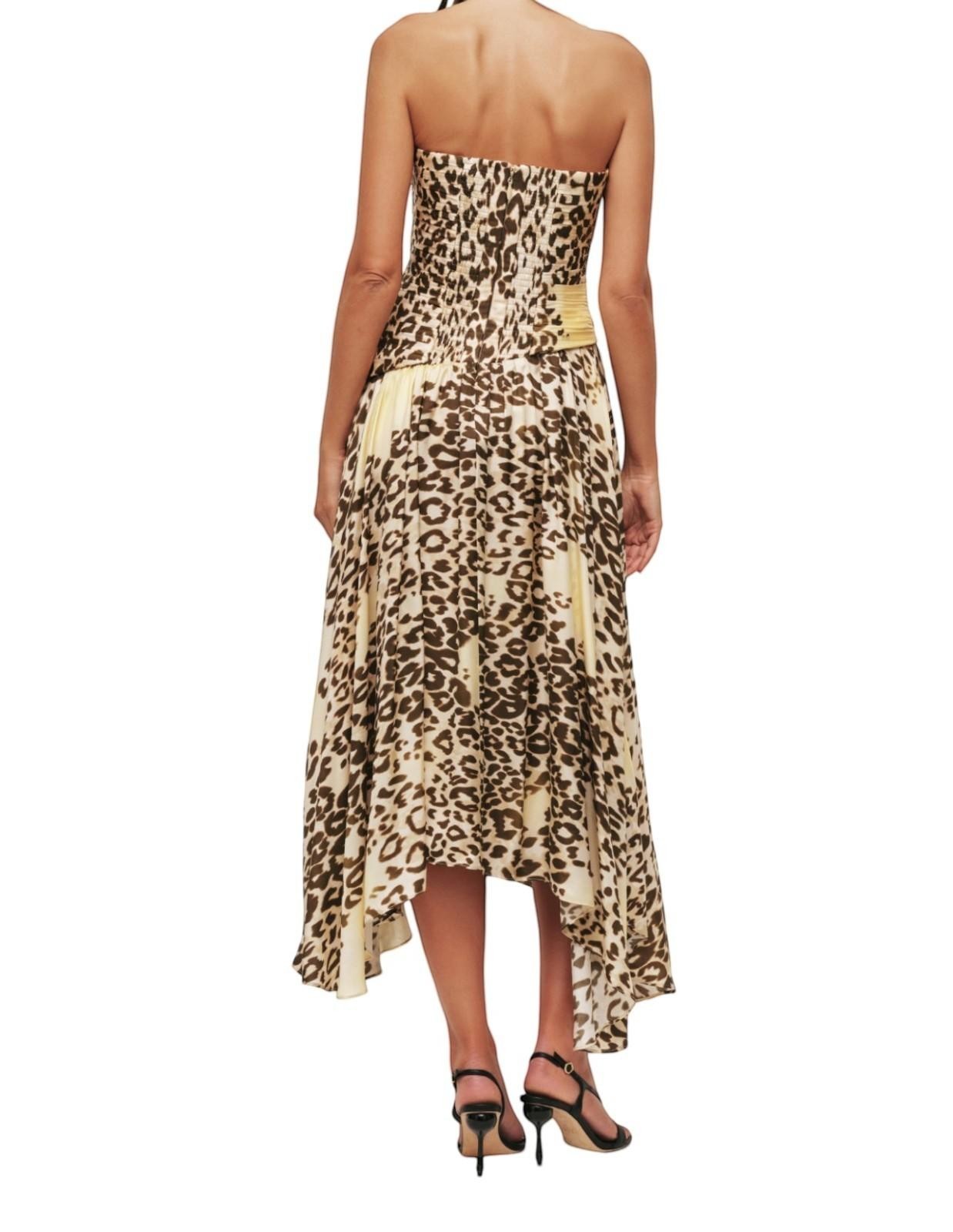 Naked Pear Aje Lani strapless midi dress in leopard print with ruched bodice and asymmetric handkerchief hem
