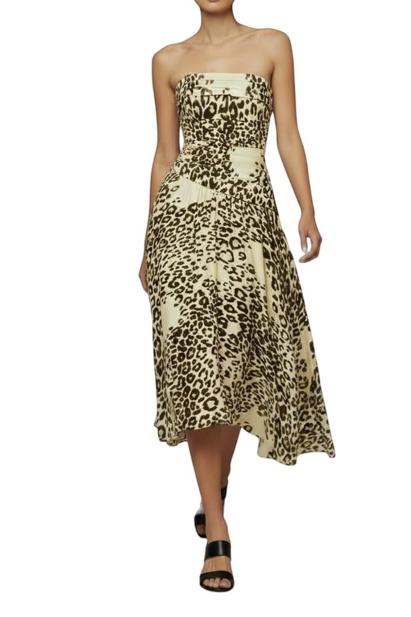 Naked Pear Aje Lani midi dress in leopard print silk blend with strapless ruched bodice and asymmetric bubble hem