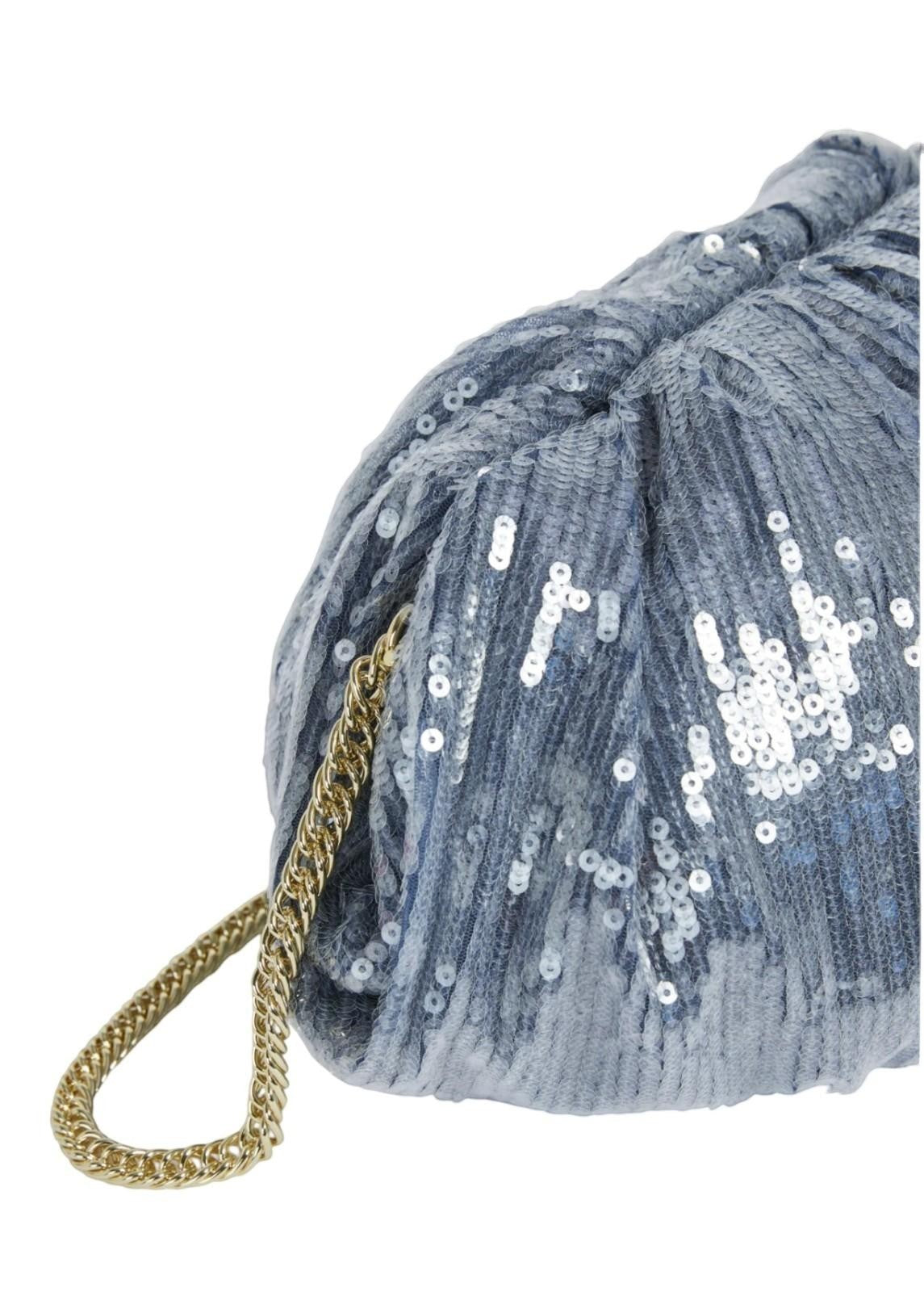 Naked Pear Aje slate blue sequin oversized clutch with gold chain strap and magnetic frame closure