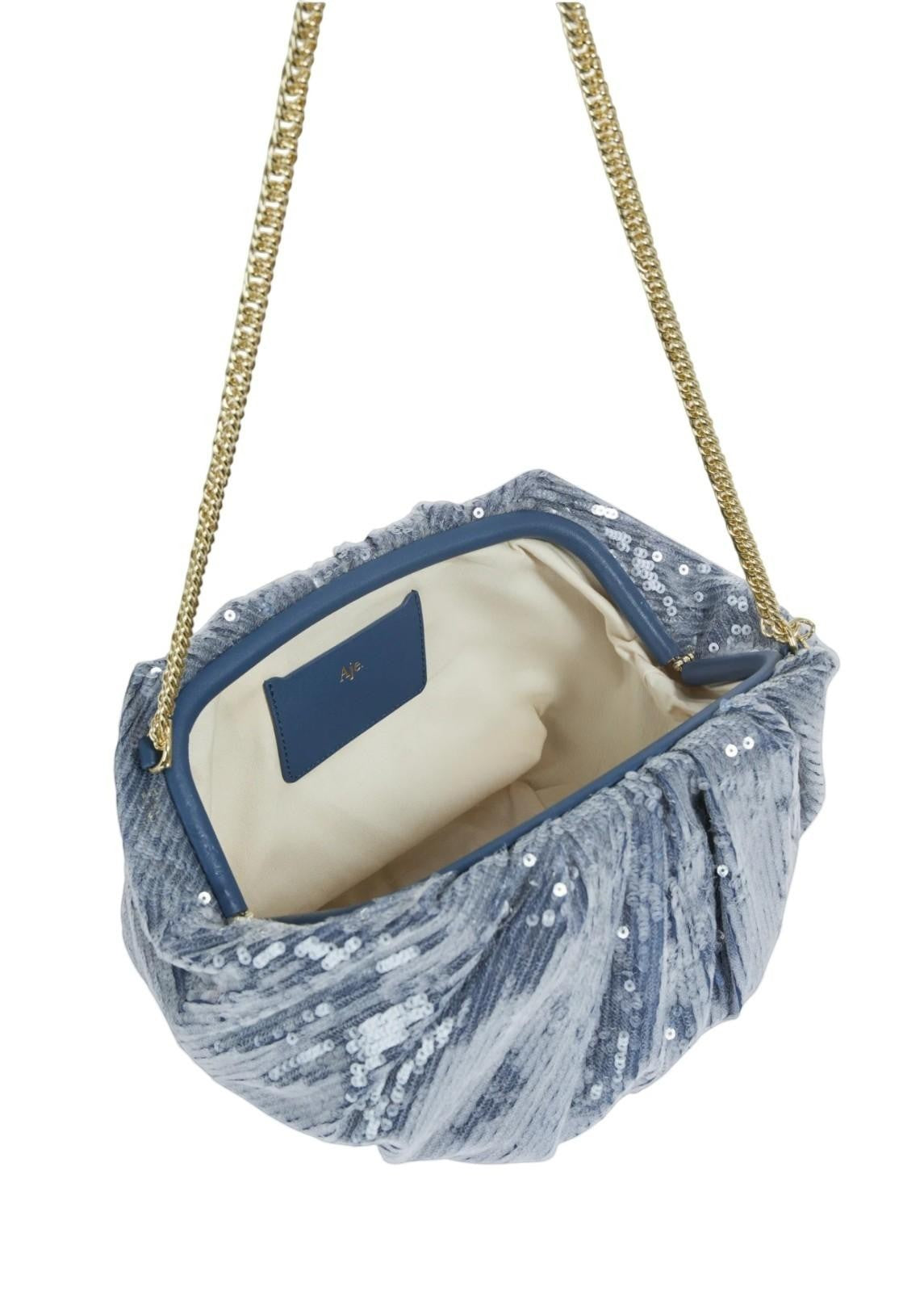 Naked Pear Aje Arden oversized slate blue sequin clutch with gold chain strap and magnetic frame opening