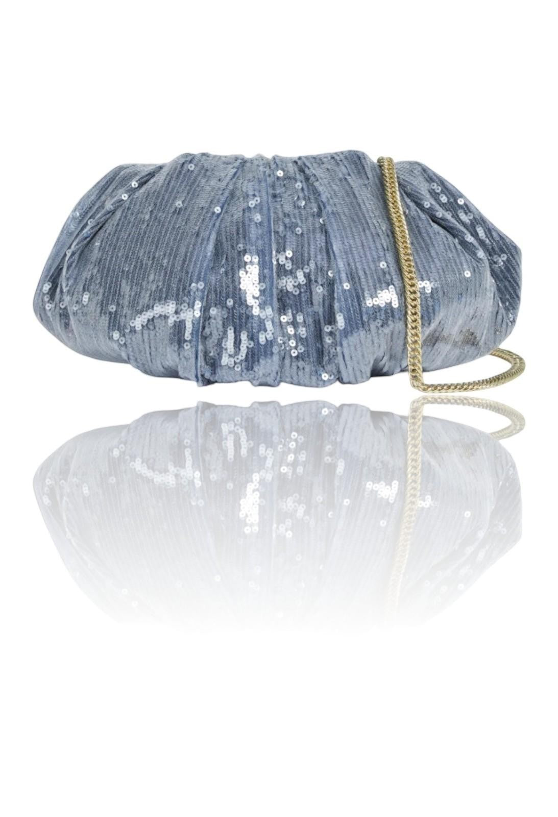 Naked Pear Aje slate blue sequin oversized clutch bag with a detachable gold chain strap and magnetic closure.