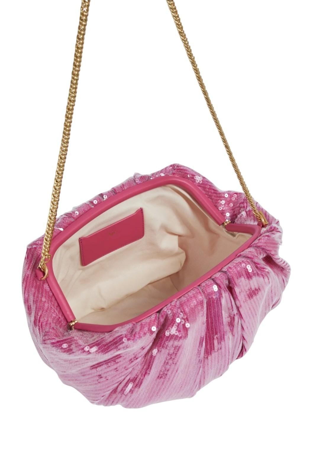 Pink sequin handbag with a gold chain strap on a white background