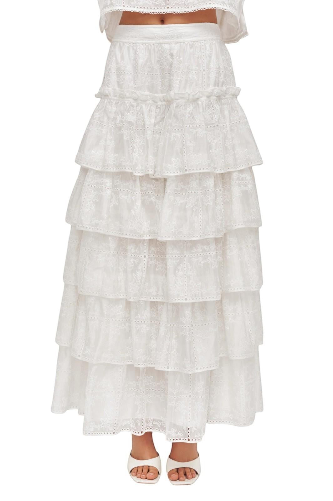 Naked Pear Aje Merritt ivory midi skirt in embroidered Anglaise with tiered ruffles and scallop trim