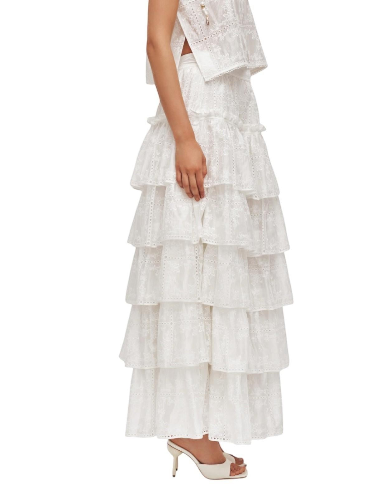 Naked Pear Aje Merritt ivory midi skirt in embroidered Anglaise Lyocell with tiered ruffles and scallop trim