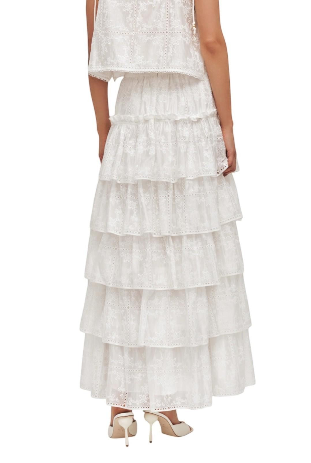 Naked Pear Aje Merritt ivory midi skirt in embroidered Anglaise fabric with tiered ruffles and scallop trim
