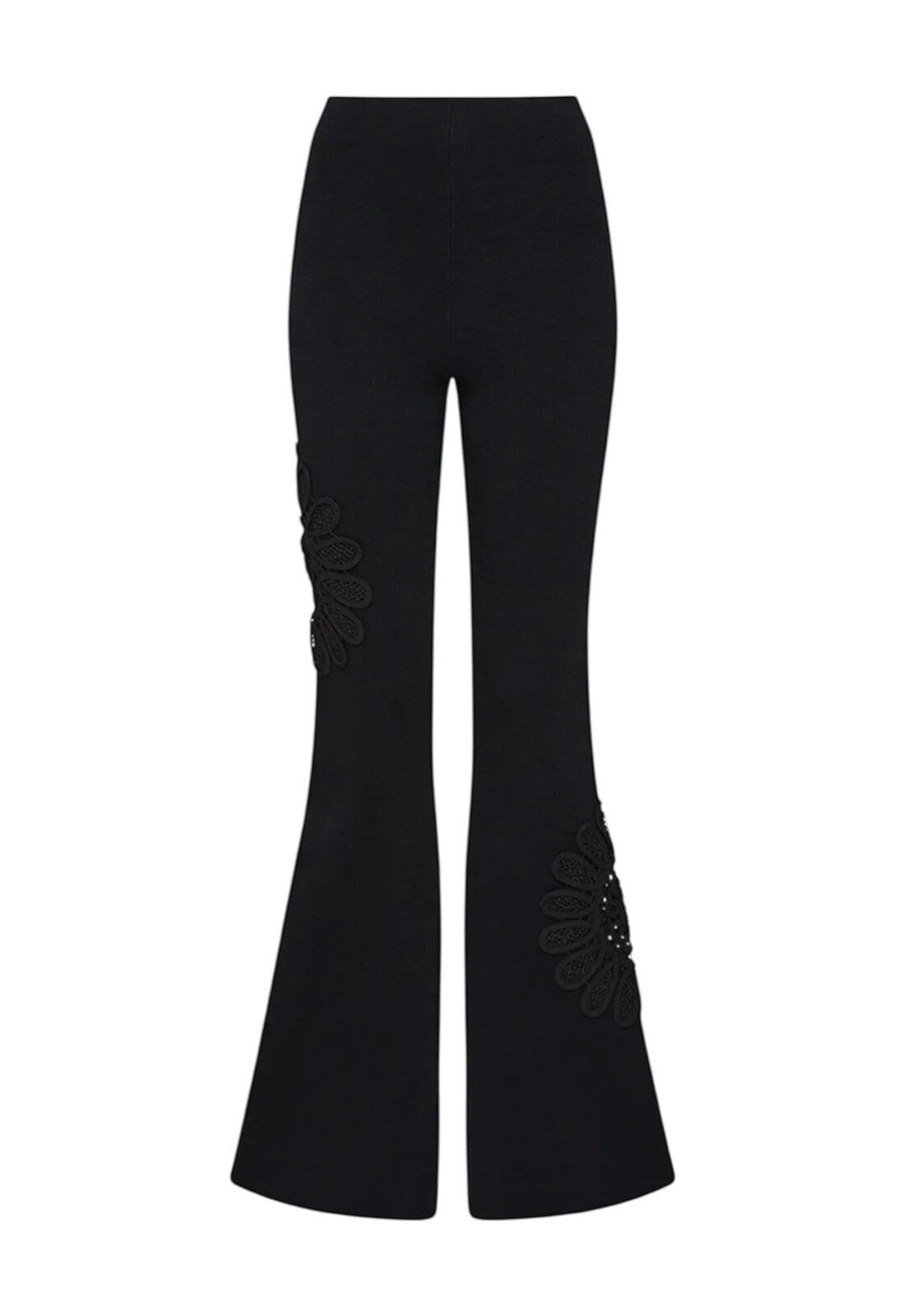 Naked Pear Aje Motion Mandala black high-waisted knit pants with flared legs and intricate lace flower detail.