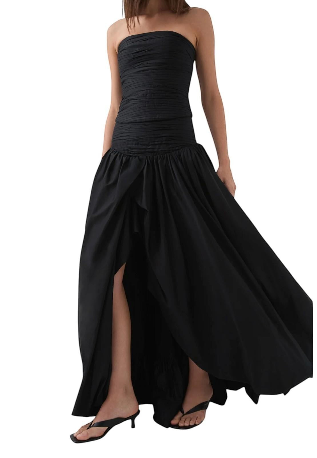 Naked Pear Aje black cotton maxi skirt with ruched waistband, front slit, and voluminous bubble hem silhouette