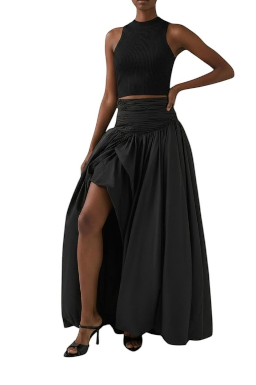 AI generated image of Naked Pear Aje Violette black cotton maxi skirt with ruched waist, asymmetric bubble hem, and front slit on a model