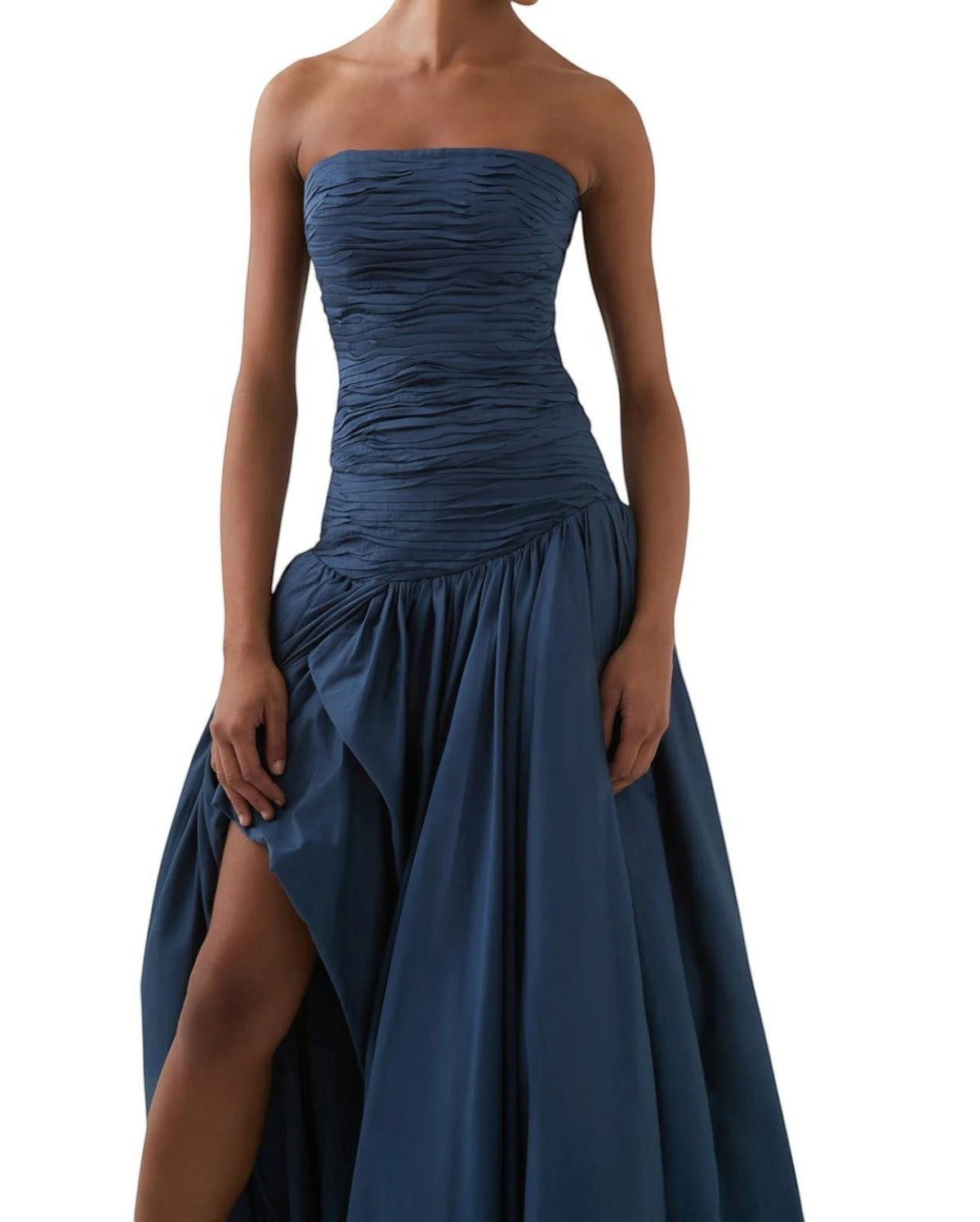 Naked Pear Aje Violette slate blue cotton maxi skirt with ruched strapless bodice, bubble hem, and front leg slit