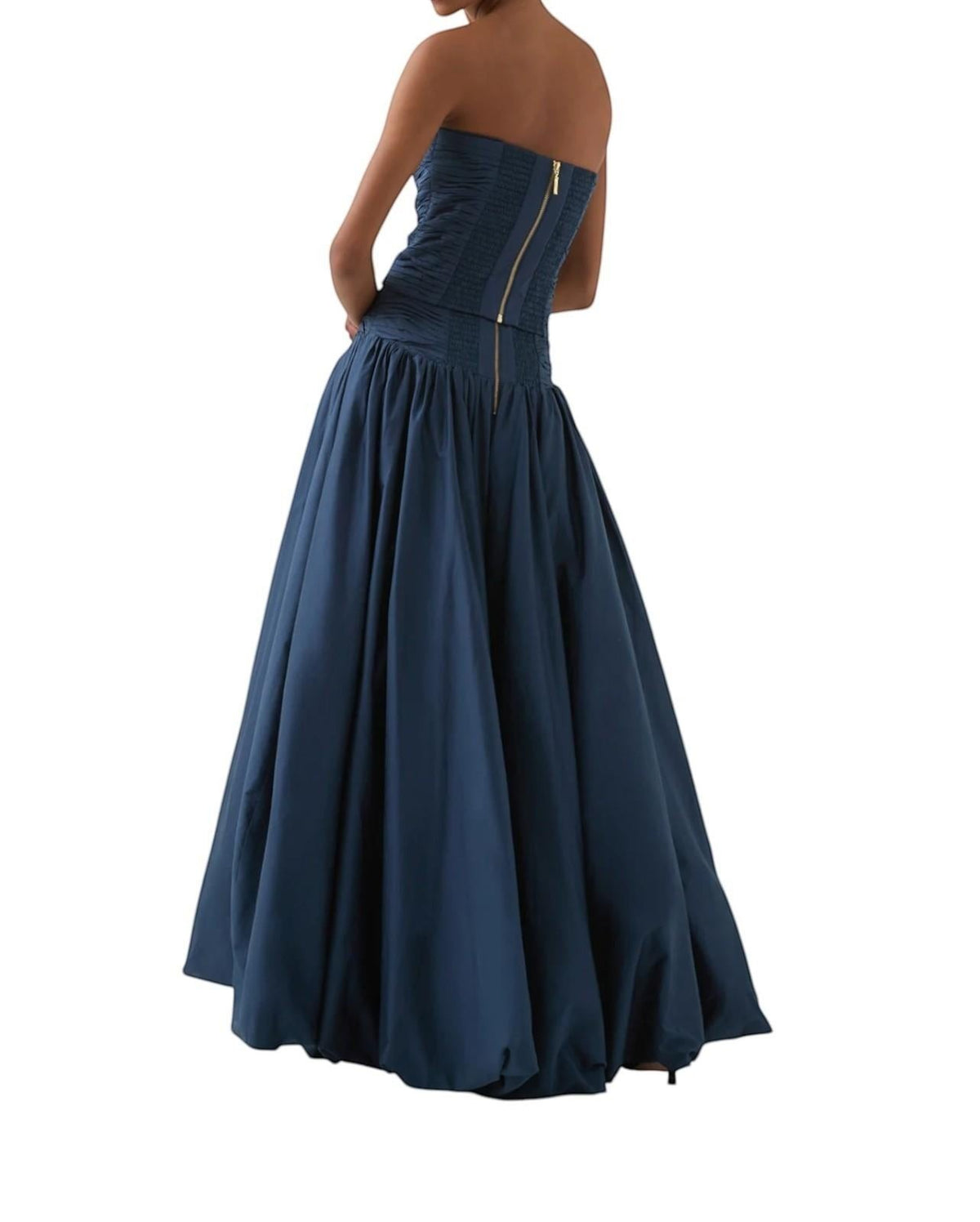 Naked Pear Aje Violette slate blue cotton maxi skirt with ruched waist, bubble hem, and back zip closure